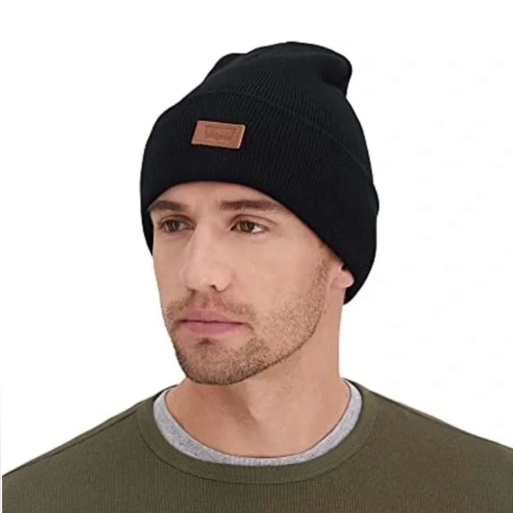 LEVI’S OS Unisex Navy Brown Leather Patch Logo Knit Beanie Hat Superior Warmth
